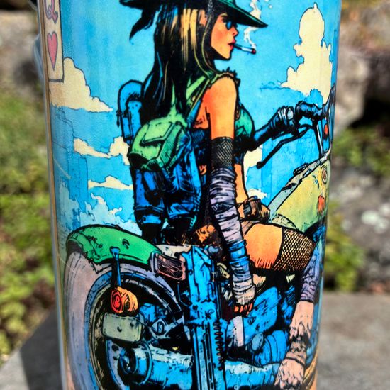 Queen of Hearts handmade ceramic bong featuring vintage biker playing-card artwork, flowing blue and turquoise glaze, and antique copper accents.
