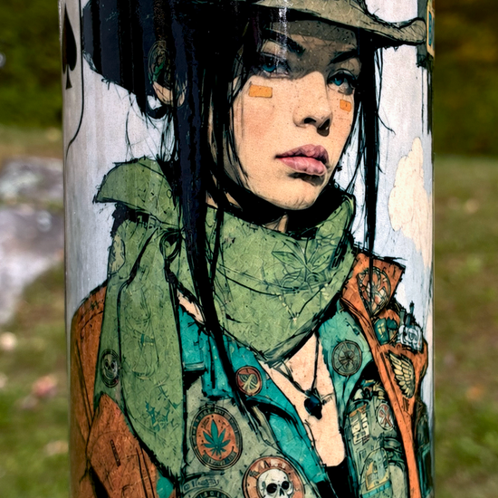 Queen of Spades handmade ceramic bong featuring outlaw playing-card artwork, olive-green glaze and aged metallic copper accents.
