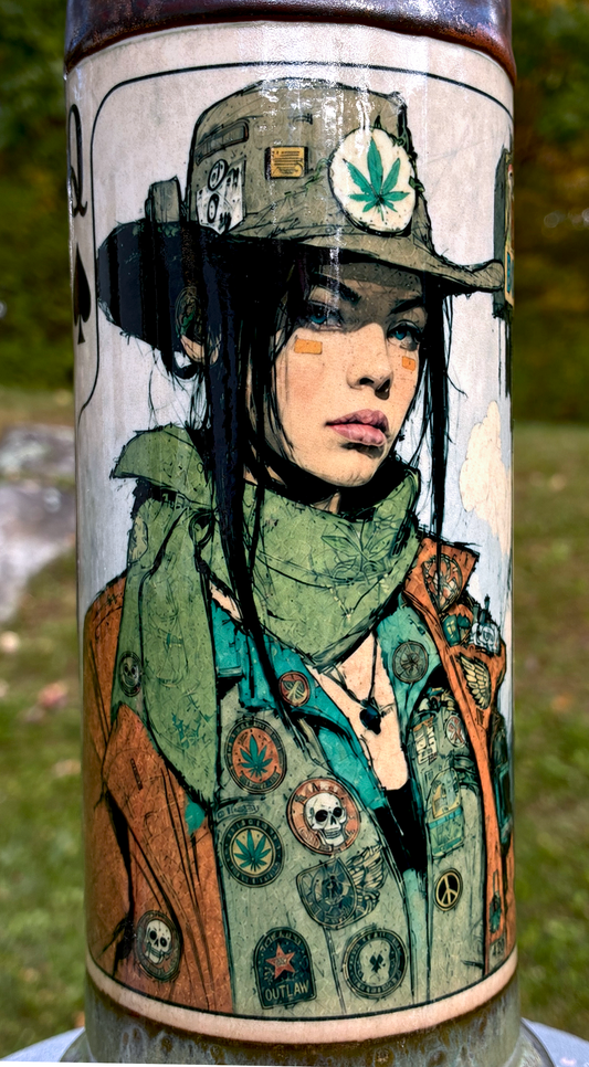 Queen of Spades handmade ceramic bong featuring outlaw playing-card artwork, olive-green glaze and aged metallic copper accents.