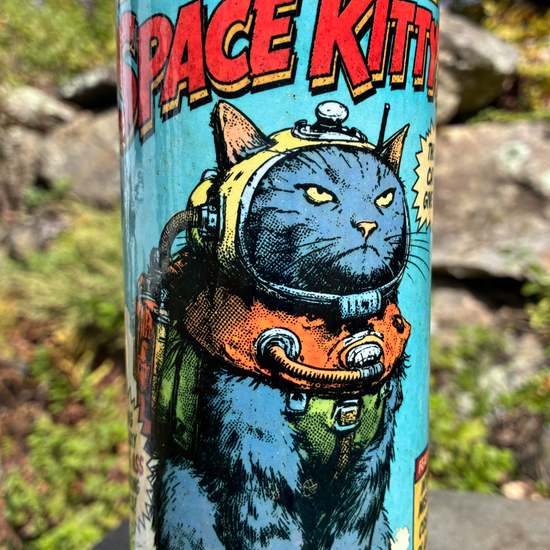 Space Kitty handmade ceramic bong featuring vintage sci-fi comic artwork of a grey alley cat in orange space gear.