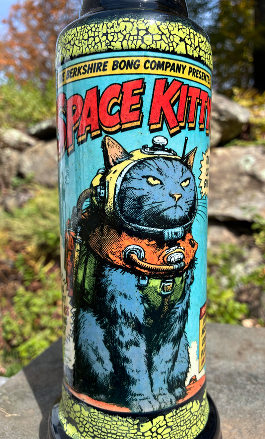 Space Kitty handmade ceramic bong featuring vintage sci-fi comic artwork of a grey alley cat in orange space gear.
