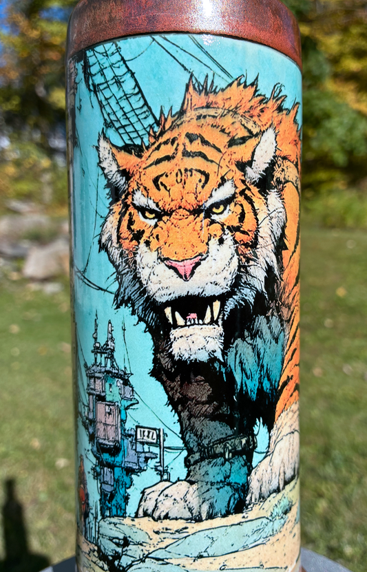 Inner Strength handmade ceramic tiger bong featuring orange tiger artwork, flowing teal and creamy yellow glaze, and copper-brown accents.