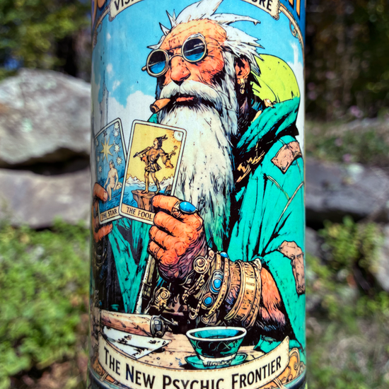 Handmade ceramic bong featuring a wise old tarot reader holding The Star and The Fool, with yellow-green glaze and glossy black accents