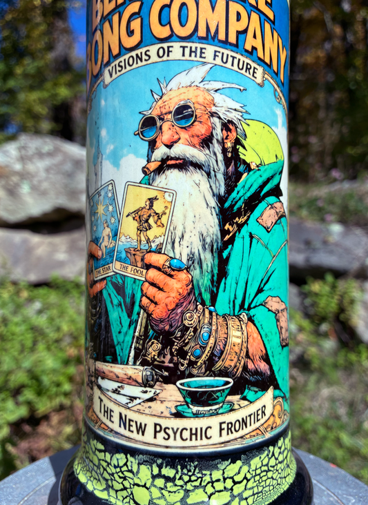Handmade ceramic bong featuring a wise old tarot reader holding The Star and The Fool, with yellow-green glaze and glossy black accents
