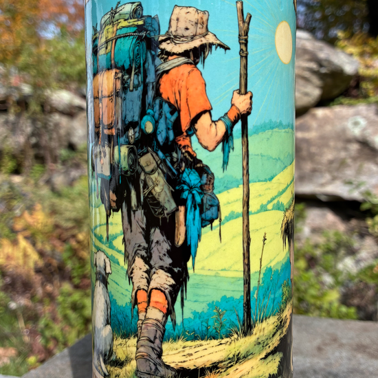 The Fool handmade ceramic tarot bong featuring a backpacking traveler and dog, neon yellow-green crackle glaze and glossy black accents.