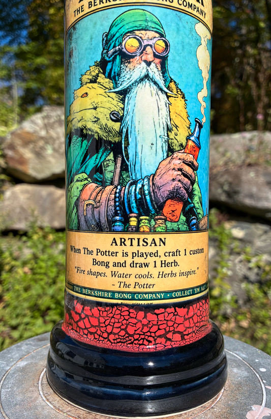 Old Soul Potter handmade ceramic bong featuring potter collector-card artwork, red crackle glaze and glossy black accents