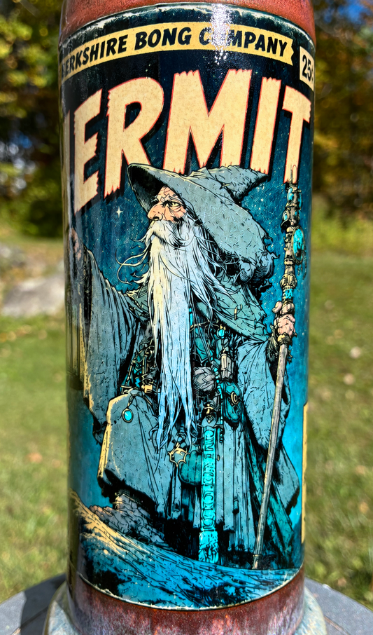 The Hermit handmade ceramic tarot bong featuring lantern-bearing wanderer artwork, smoky grey and lavender glaze, and metallic copper accents.
