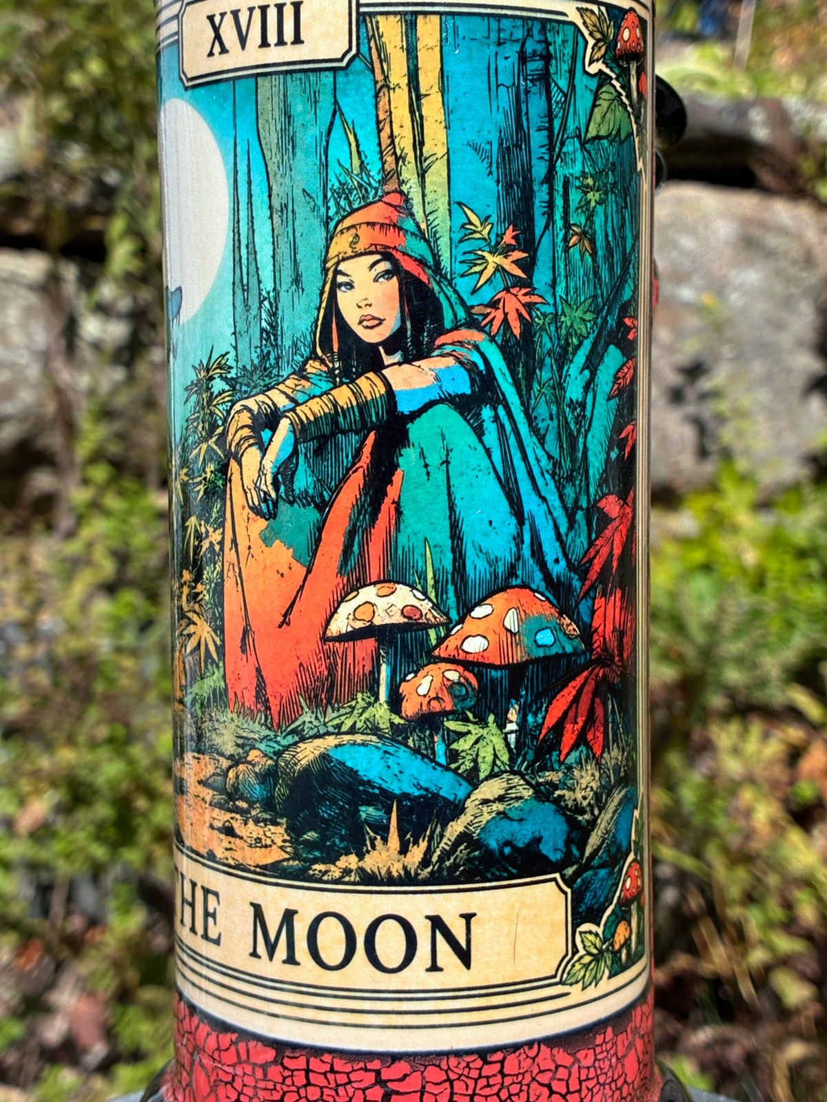 The Moon handmade ceramic tarot bong featuring a woman in a moonlit woodland scene, red crackle glaze and glossy black accents.