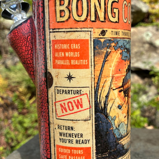 Time Travel handmade ceramic bong featuring vintage sci-fi ticket artwork with a traveler beneath a spacecraft, red crackle glaze and glossy black accents.