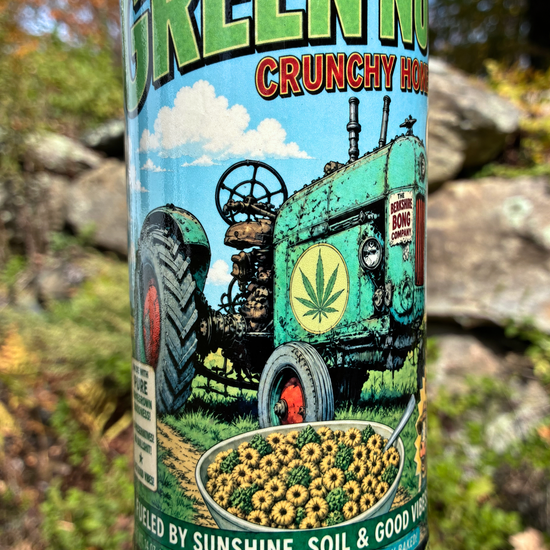Green Nugs handmade ceramic bong featuring vintage cereal-box artwork with a green tractor, neon yellow-green crackle glaze and glossy black accents.