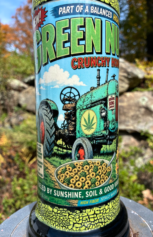 Green Nugs handmade ceramic bong featuring vintage cereal-box artwork with a green tractor, neon yellow-green crackle glaze and glossy black accents.