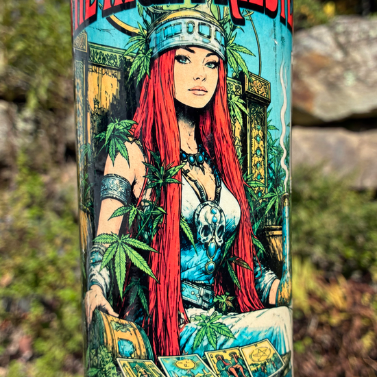 High Priestess handmade ceramic tarot bong featuring comic-cover artwork, flowing blue and creamy grey glaze, and metallic copper accents.