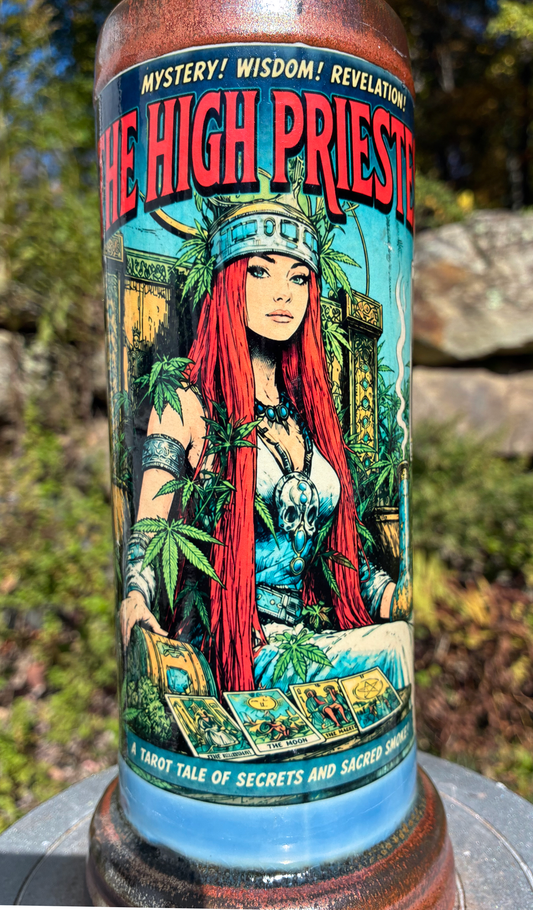 High Priestess handmade ceramic tarot bong featuring comic-cover artwork, flowing blue and creamy grey glaze, and metallic copper accents.