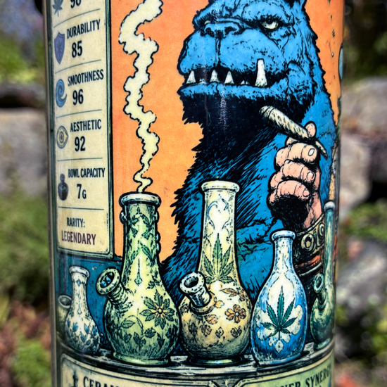 Old Blue and the Bong Maker handmade ceramic bong featuring fantasy collector-card artwork, yellow and copper glaze, and glossy dark accents