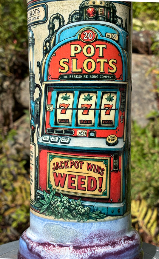 Pot Slots handmade ceramic bong featuring vintage slot-machine artwork with triple sevens, ivory and smoky grey glaze, and plum-purple accents.