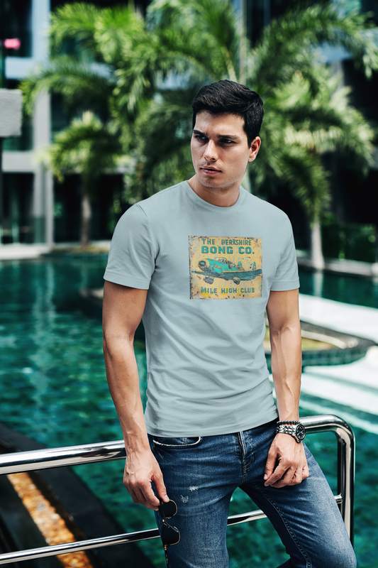 Faded green-blue-grey tee with cracked Mile High Club airplane graphic