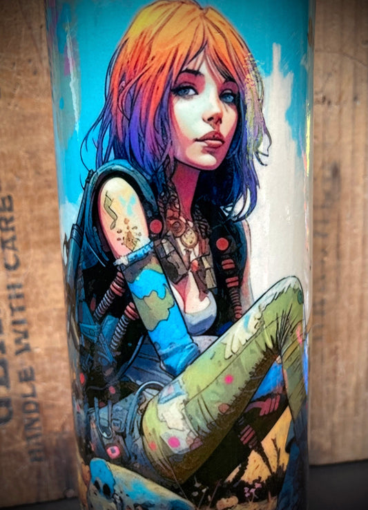 Pastel-glazed bong with a pretty explorer girl and time travel theme.