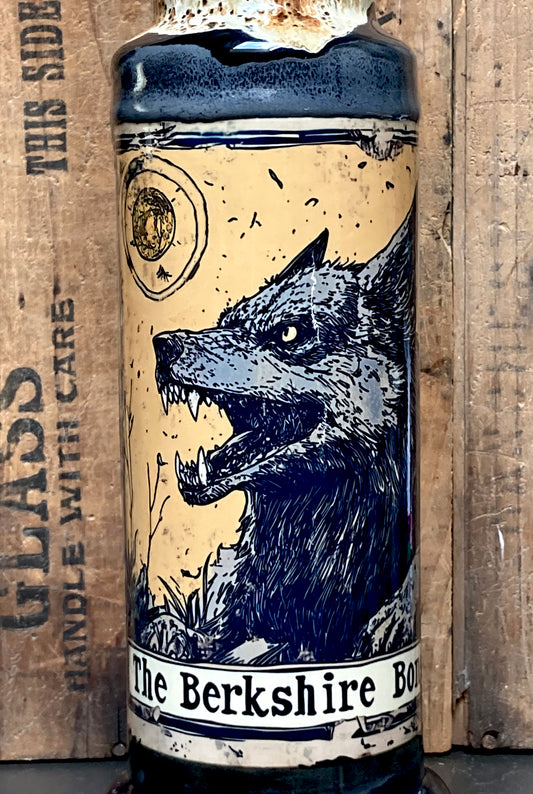 Art panel closeup of a snarling wild wolf howling on a golden ochre background