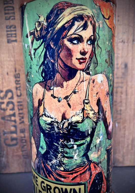 Close-up of beautiful woman with flowing hair, retro pinup look on ceramic bong.