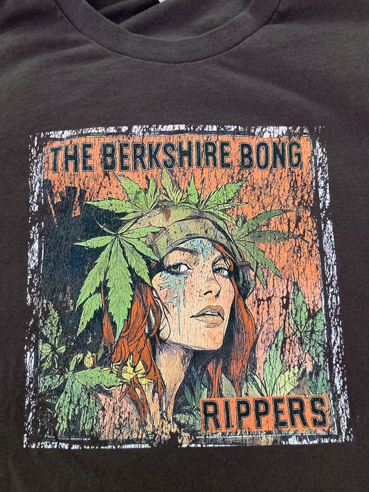 Berkshire Bong Rippers Distressed Art Team Weed Tshirt showing black tee with distressed print of woman with cannabis leaf crown