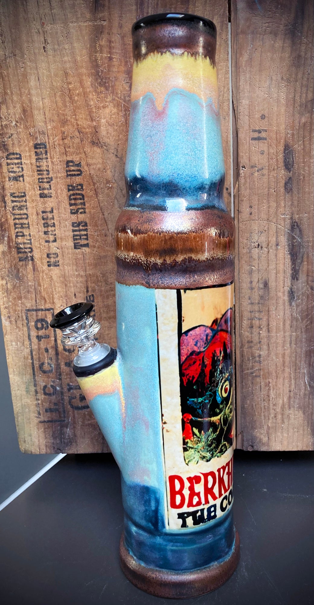Berkshire Bong Company Ceramic Art Bong Cosmic Secret Water Pipe with colorful glaze and intricate design