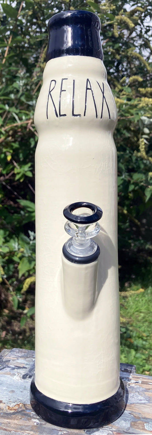 Stoneware Farmhouse Ceramic Bong RELAX tall cream glazed bong with navy trim and clear glass bowl
