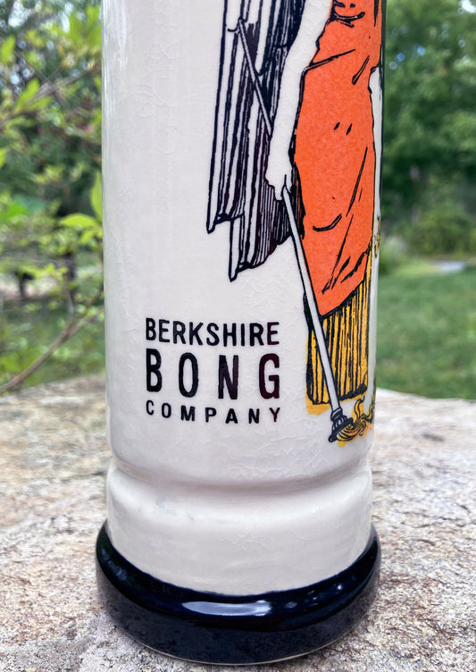 Handmade bong with flowing angelic figure and glowing golden glazes.