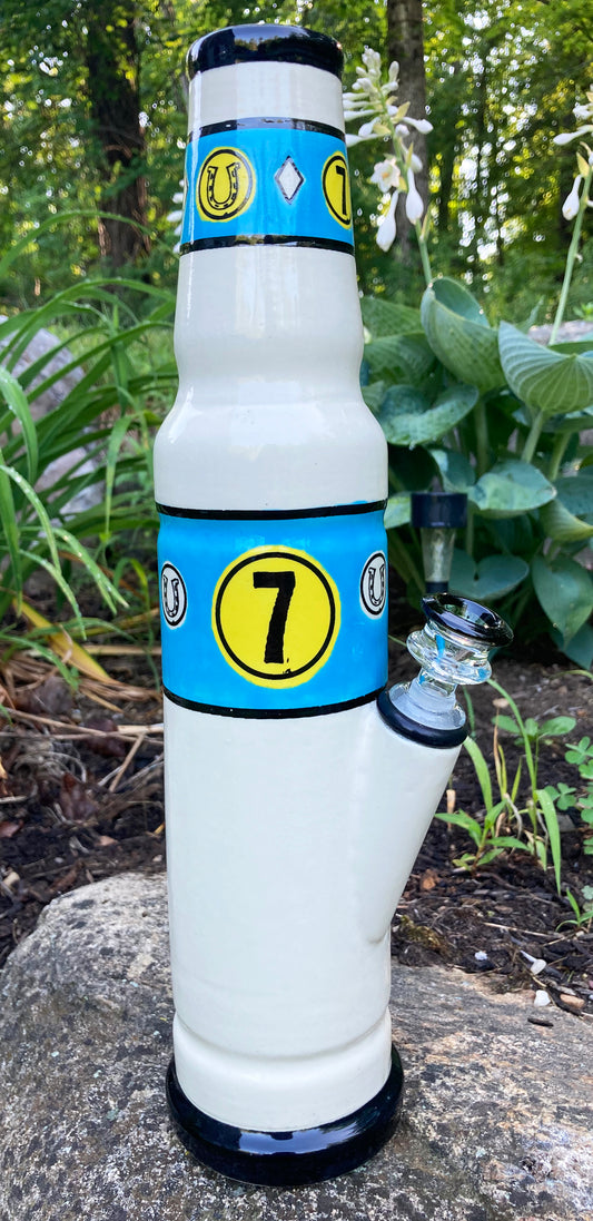 Stoneware Ceramic Bong Lucky Number Water Pipe with blue and yellow 7 design by Berkshire Bong Company