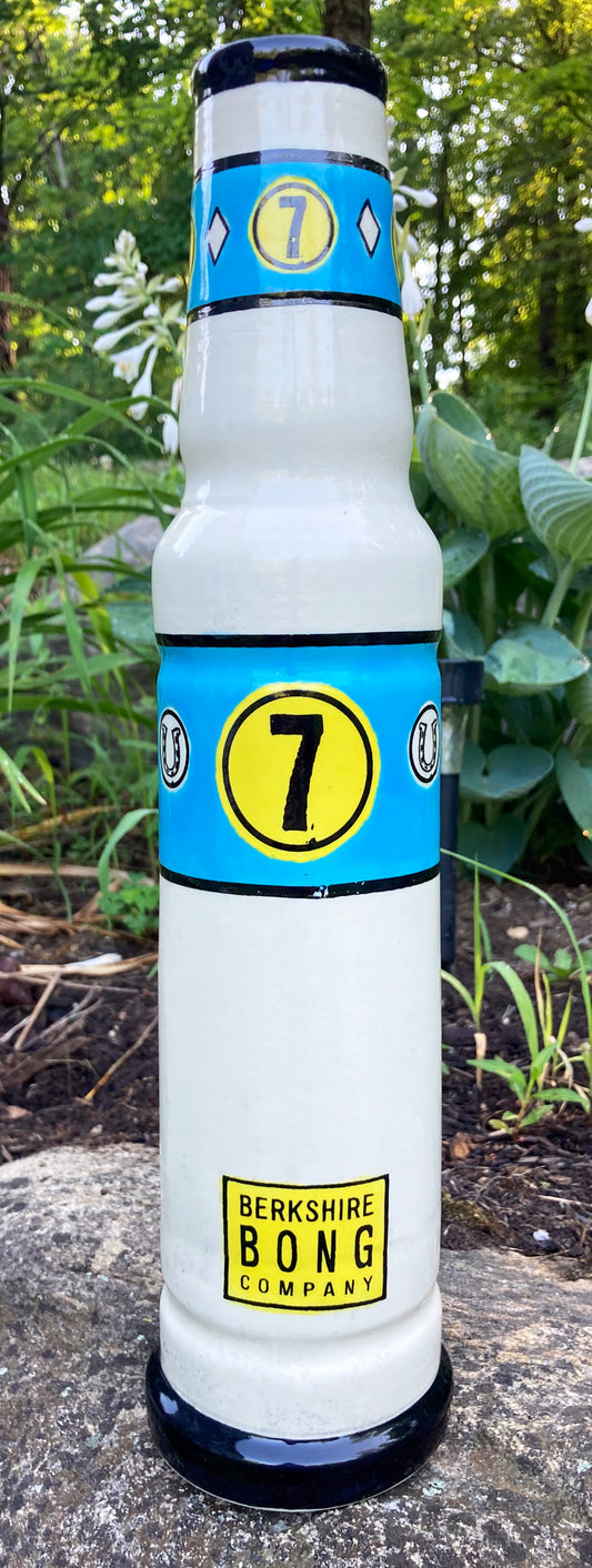 Stoneware Ceramic Bong Lucky Number Water Pipe by Berkshire Bong Company with blue and yellow number 7 design